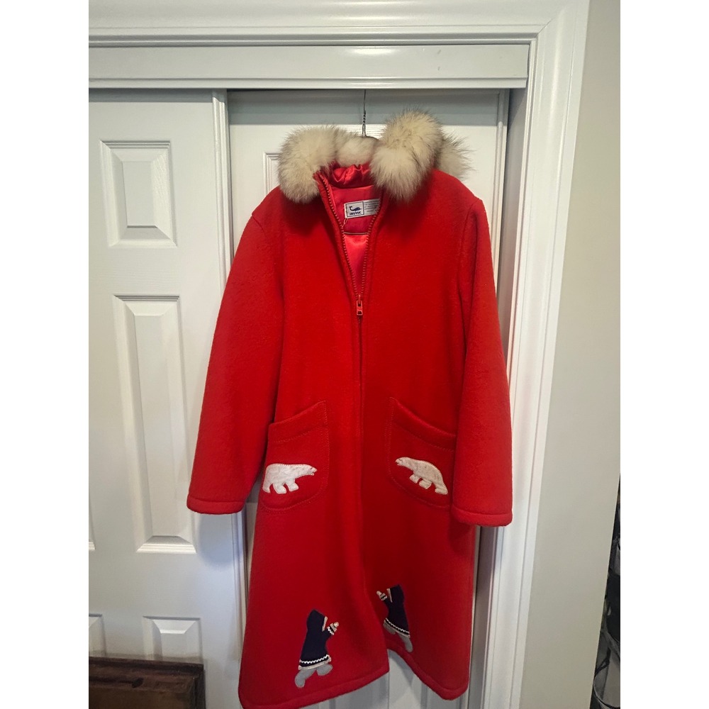 Vintage Inuvik Parka Enterprise Red Virgin Wool‎ Faux Fur Trim Arctic Coat Women